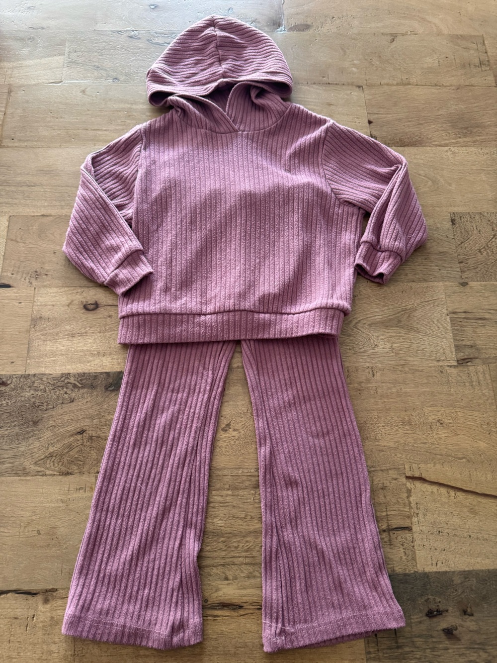 H&M cozy matching set Ribbed Hooded wide leg pants Dusty Rose sz 3-4 minimalist